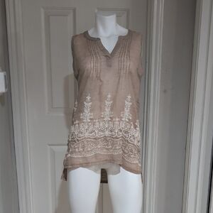 Retrology Sheer Sleeveless Embroidered Tunic Top - Taupe Women's Large